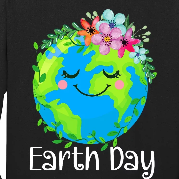 Happy Earth Day Cute Earth With Floral Earth Day 2024 Long Sleeve Shirt