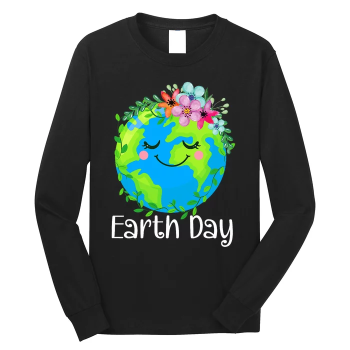 Happy Earth Day Cute Earth With Floral Earth Day 2024 Long Sleeve Shirt