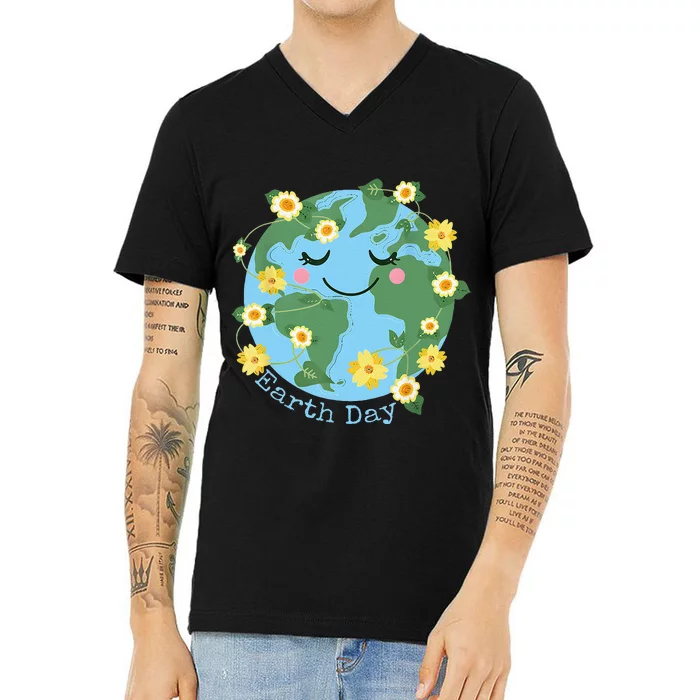 Happy Earth Day Cute Earth With Floral Earth Day 2024 Gift V-Neck T-Shirt