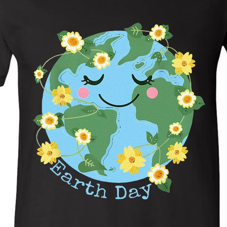 Happy Earth Day Cute Earth With Floral Earth Day 2024 Gift V-Neck T-Shirt