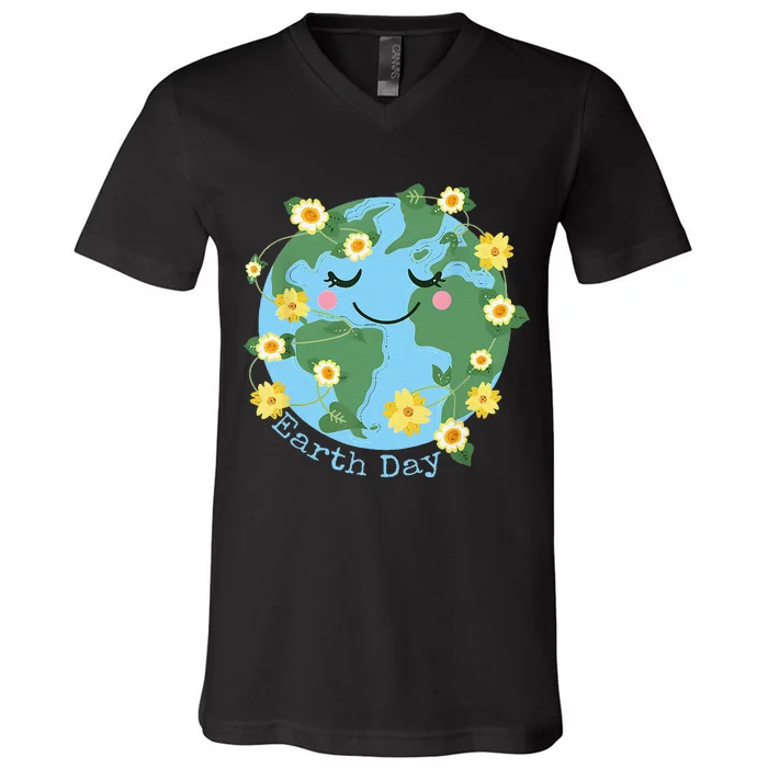 Happy Earth Day Cute Earth With Floral Earth Day 2024 Gift V-Neck T-Shirt