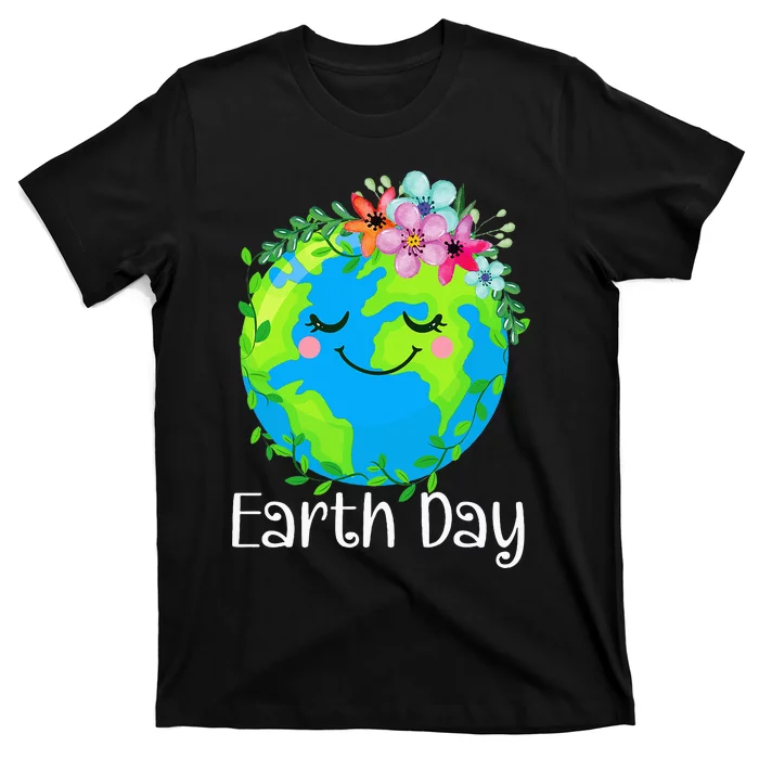 Happy Earth Day Cute Earth With Floral T-Shirt