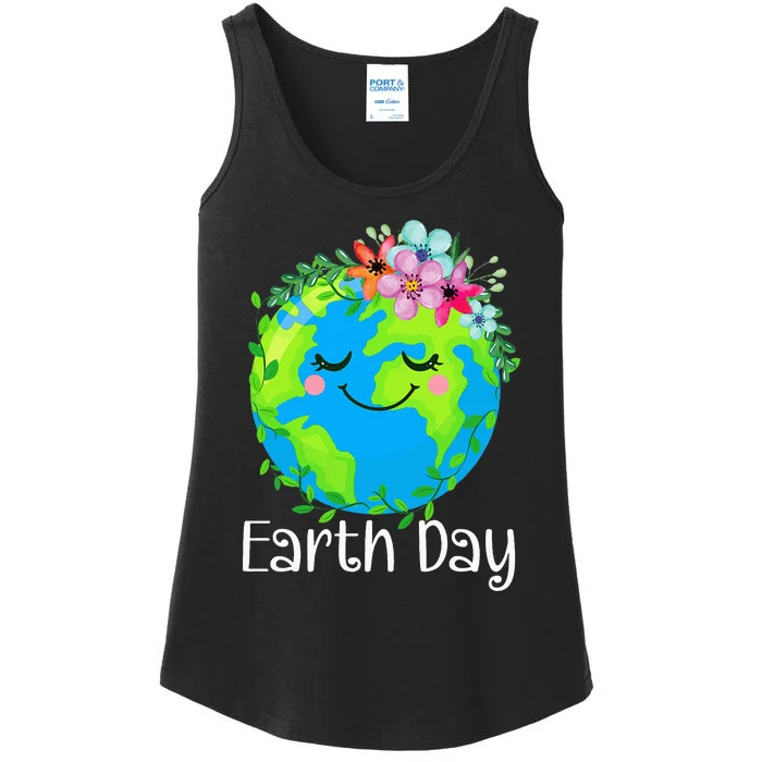 Happy Earth Day Cute Earth With Floral Ladies Essential Tank