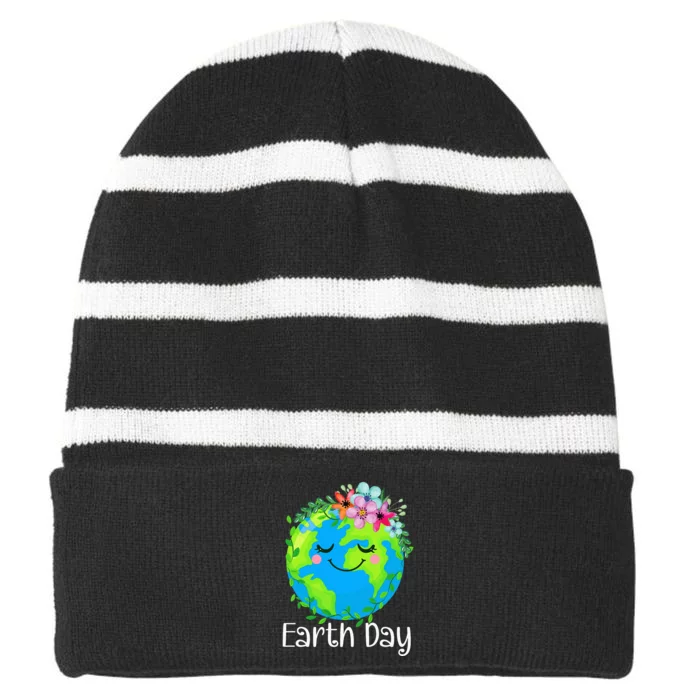 Happy Earth Day Cute Earth With Floral Striped Beanie with Solid Band