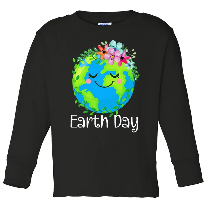 Happy Earth Day Cute Earth With Floral Toddler Long Sleeve Shirt