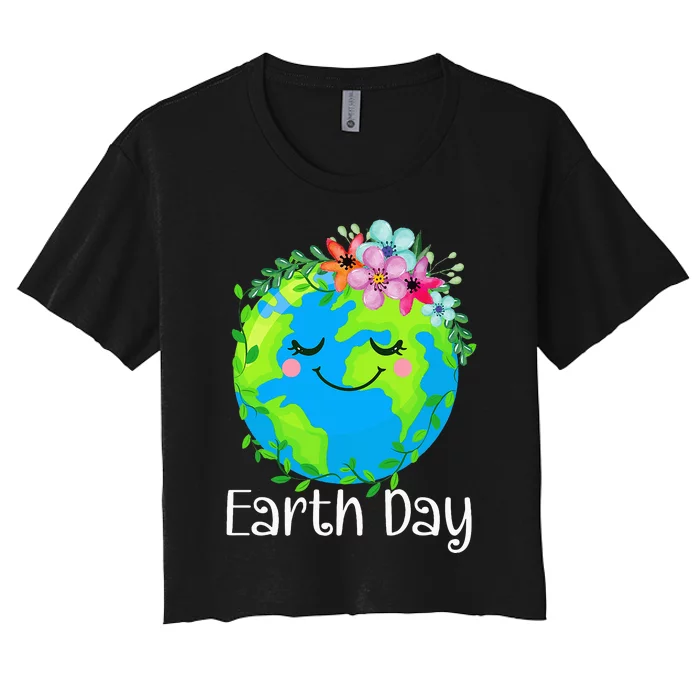 Happy Earth Day Cute Earth With Floral Women's Crop Top Tee