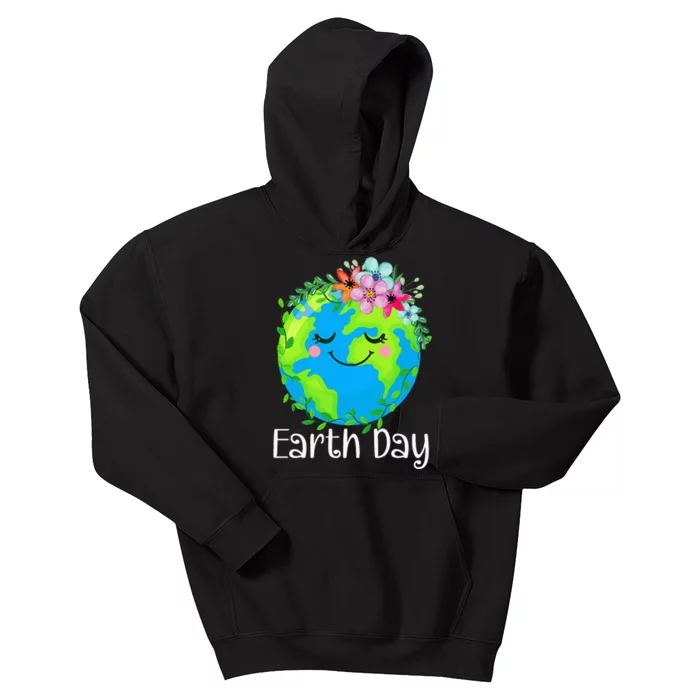 Happy Earth Day Cute Earth With Floral Kids Hoodie