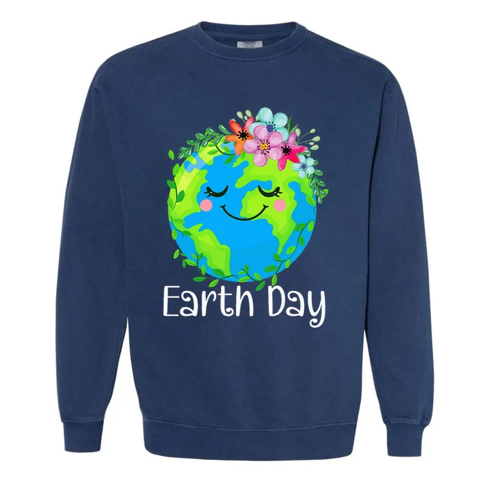 Happy Earth Day Cute Earth With Floral Garment-Dyed Sweatshirt