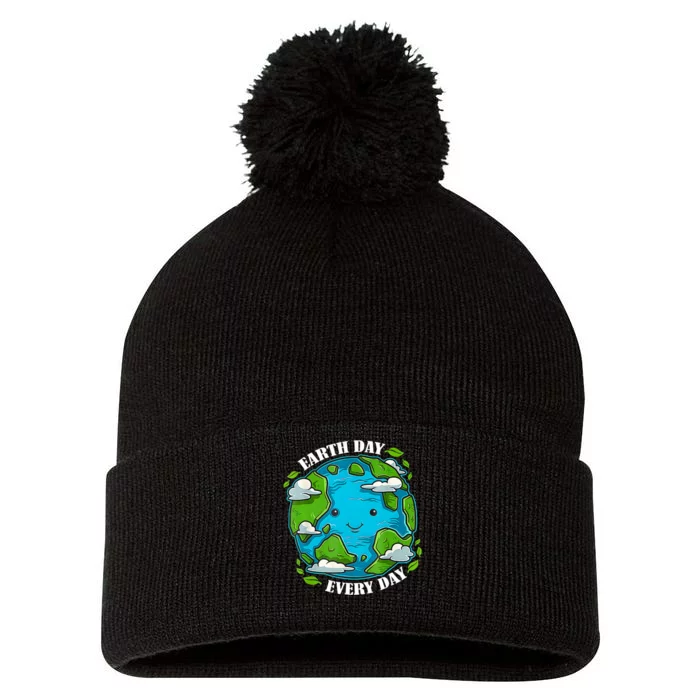 Happy Earth Day Cute Earth With Floral Earth Day 2024 Pom Pom 12in Knit Beanie