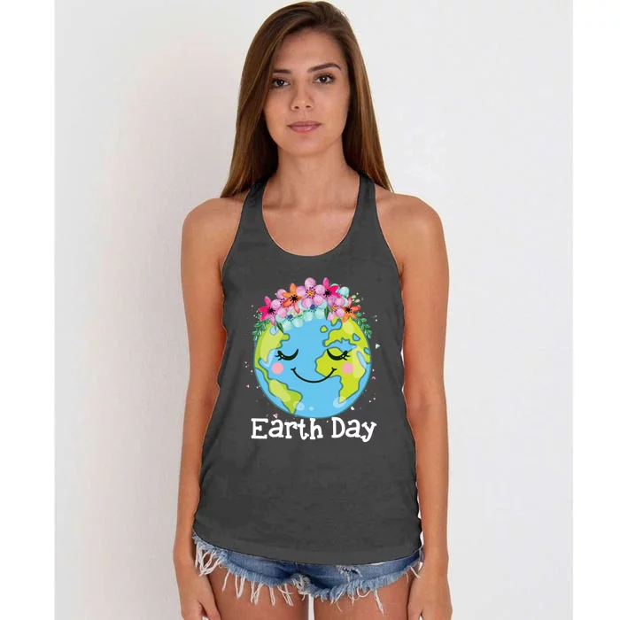 Happy Earth Day Cute Earth With Floral Earth Day 2024 Women's Knotted Racerback Tank