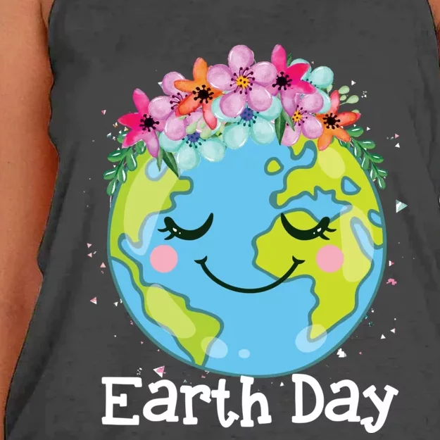 Happy Earth Day Cute Earth With Floral Earth Day 2024 Women's Knotted Racerback Tank