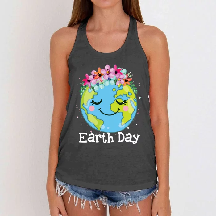 Happy Earth Day Cute Earth With Floral Earth Day 2024 Women's Knotted Racerback Tank