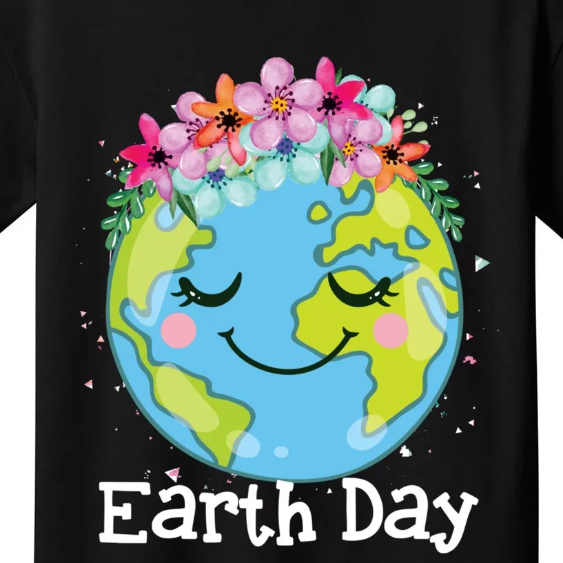 Happy Earth Day Cute Earth With Floral Earth Day 2024 Kids T-Shirt