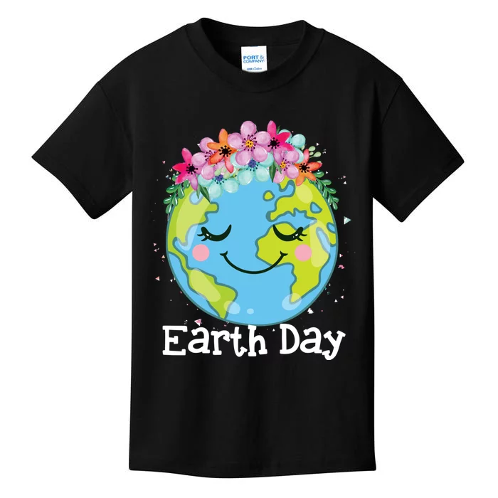 Happy Earth Day Cute Earth With Floral Earth Day 2024 Kids T-Shirt