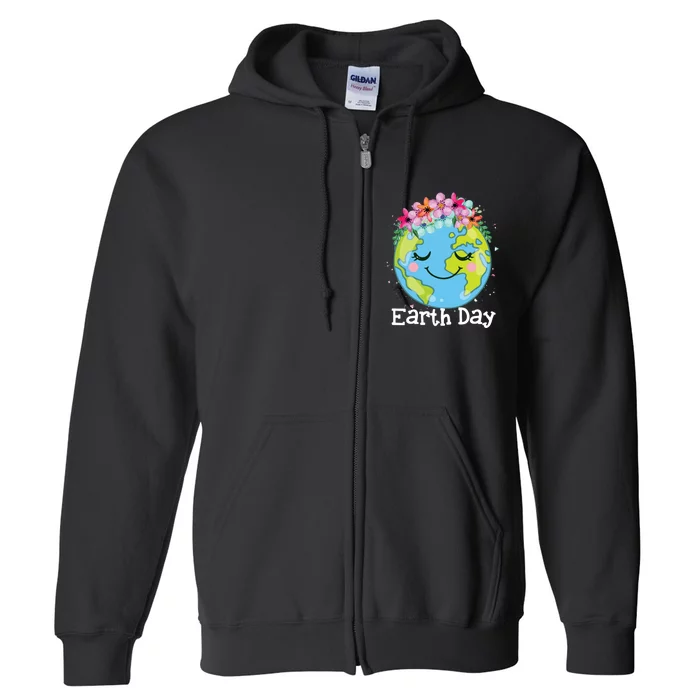 Happy Earth Day Cute Earth With Floral Earth Day 2024 Full Zip Hoodie