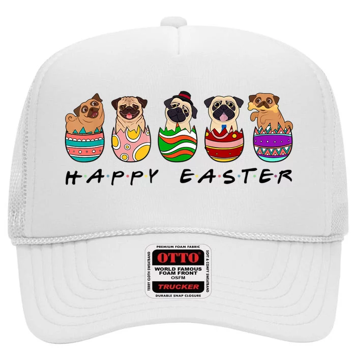 Happy Easter Day Cute Pugs Bunny High Crown Mesh Trucker Hat