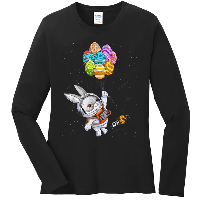 Happy Easter Day Bunny Egg Astronaut Space Ladies Long Sleeve Shirt