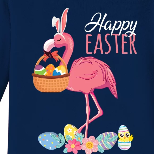 Happy Easter Day Flamingo With Easter Egg Basket Hunting Gift Baby Long Sleeve Bodysuit