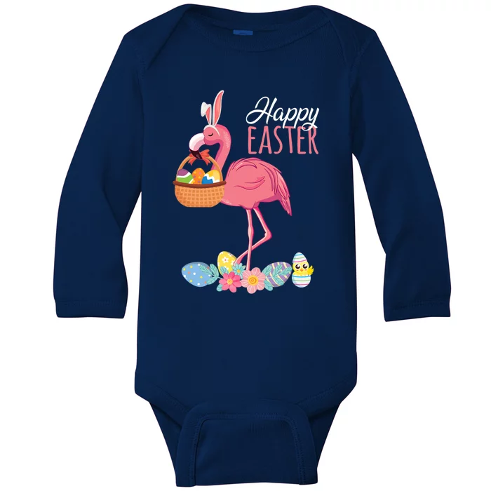 Happy Easter Day Flamingo With Easter Egg Basket Hunting Gift Baby Long Sleeve Bodysuit