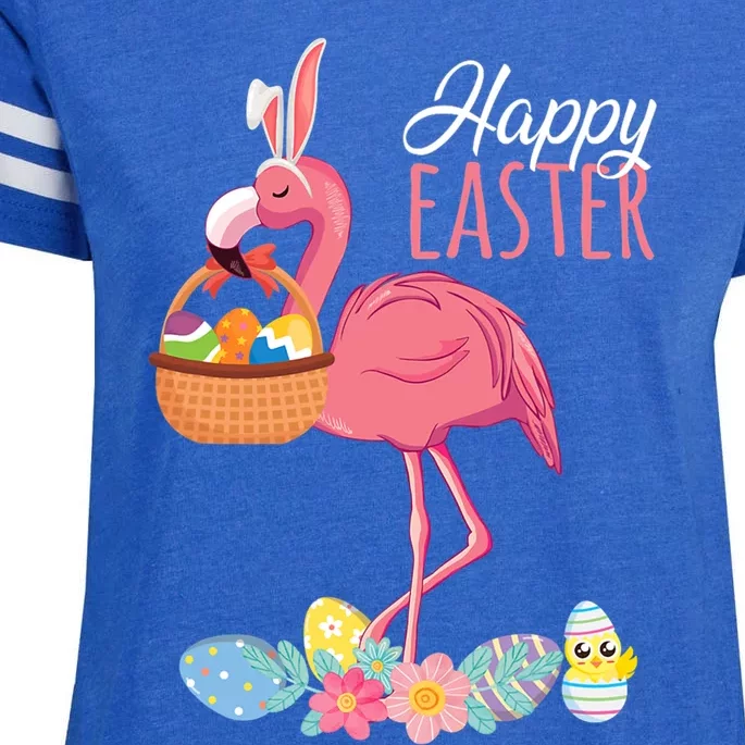 Happy Easter Day Flamingo With Easter Egg Basket Hunting Gift Enza Ladies Jersey Football T-Shirt