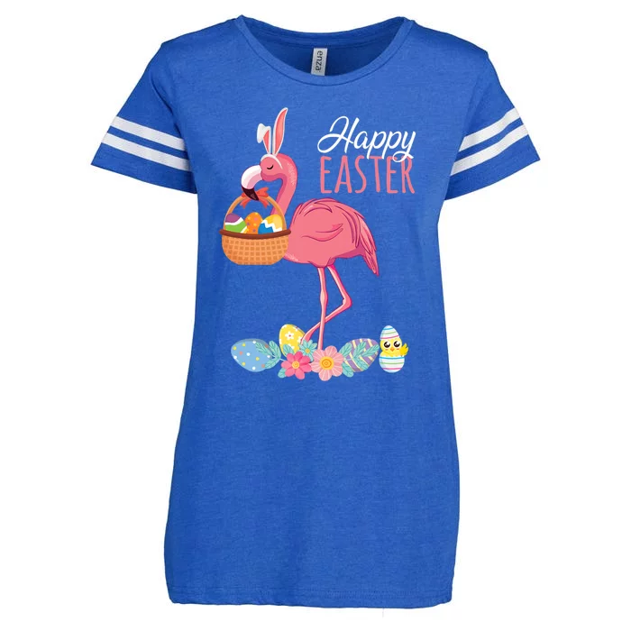 Happy Easter Day Flamingo With Easter Egg Basket Hunting Gift Enza Ladies Jersey Football T-Shirt