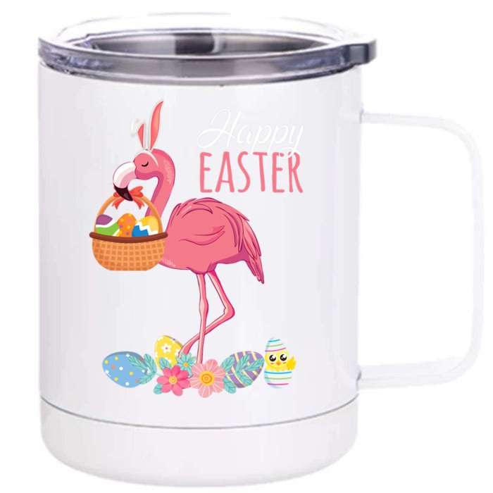 Happy Easter Day Flamingo With Easter Egg Basket Hunting Gift Front & Back 12oz Stainless Steel Tumbler Cup