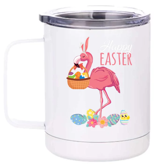 Happy Easter Day Flamingo With Easter Egg Basket Hunting Gift Front & Back 12oz Stainless Steel Tumbler Cup