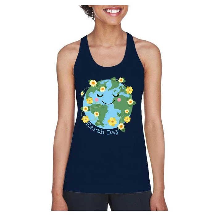 Happy Earth Day Cute Earth With Floral Earth Day 2024 Women's Racerback Tank