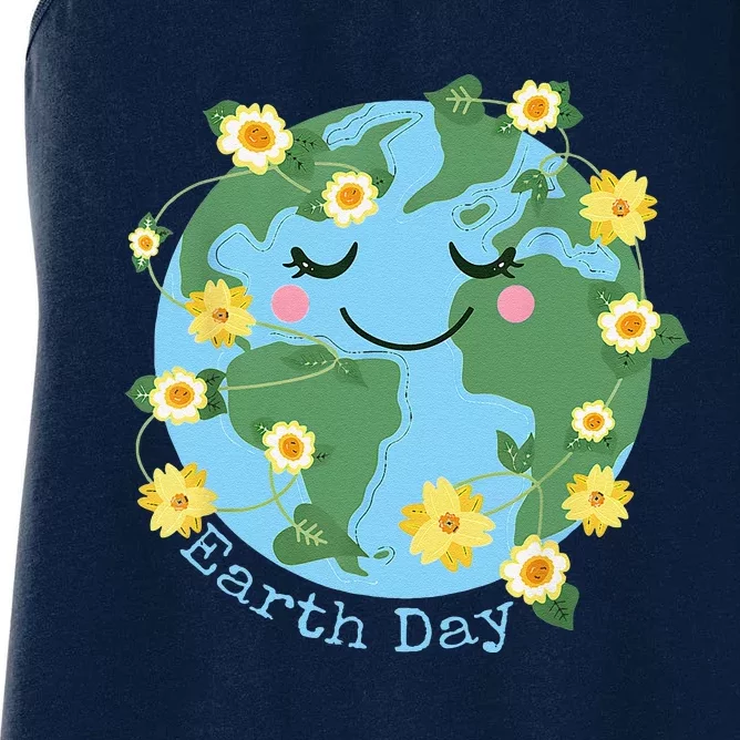 Happy Earth Day Cute Earth With Floral Earth Day 2024 Women's Racerback Tank