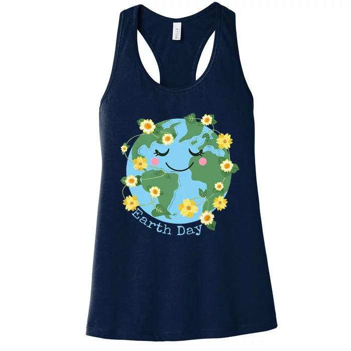 Happy Earth Day Cute Earth With Floral Earth Day 2024 Women's Racerback Tank