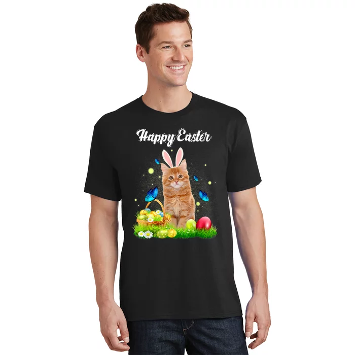 Happy Easter Day Bunny Cat Eggs Basket Men Women Cat Lover T-Shirt