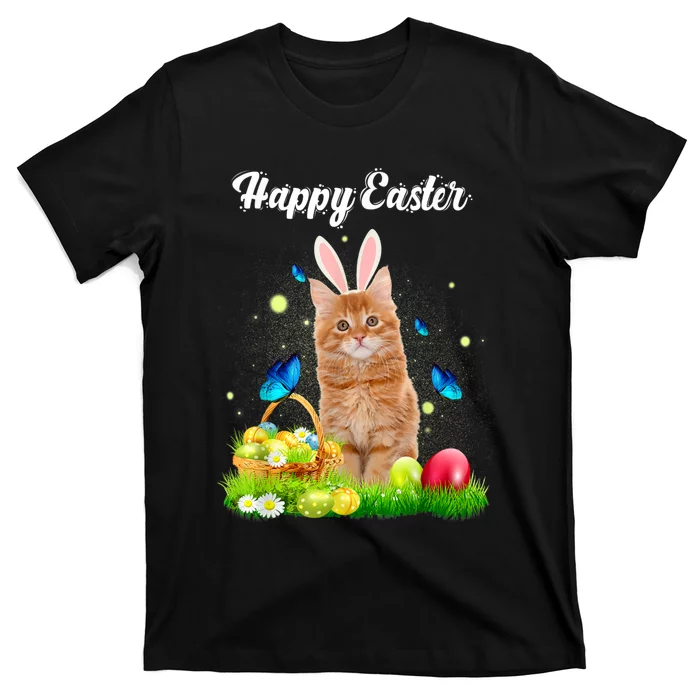 Happy Easter Day Bunny Cat Eggs Basket Men Women Cat Lover T-Shirt