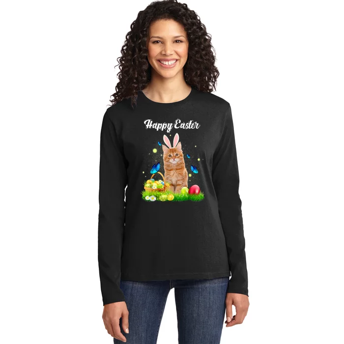 Happy Easter Day Bunny Cat Eggs Basket Men Women Cat Lover Ladies Long Sleeve Shirt