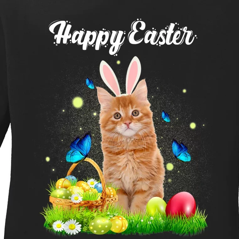 Happy Easter Day Bunny Cat Eggs Basket Men Women Cat Lover Ladies Long Sleeve Shirt