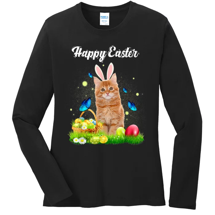 Happy Easter Day Bunny Cat Eggs Basket Men Women Cat Lover Ladies Long Sleeve Shirt