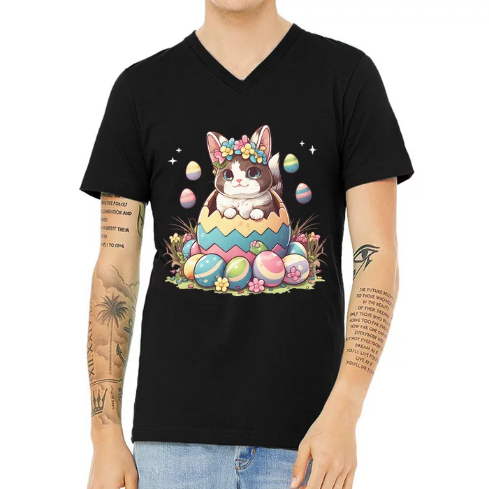 Happy Easter Day Cute Bunny Cat Eggs Basket Kawaii V-Neck T-Shirt