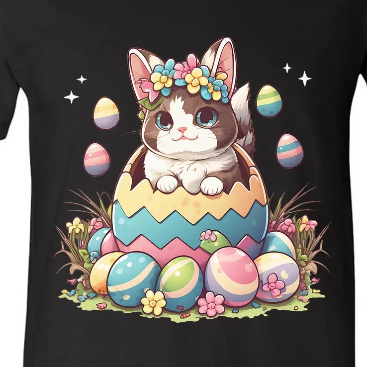 Happy Easter Day Cute Bunny Cat Eggs Basket Kawaii V-Neck T-Shirt