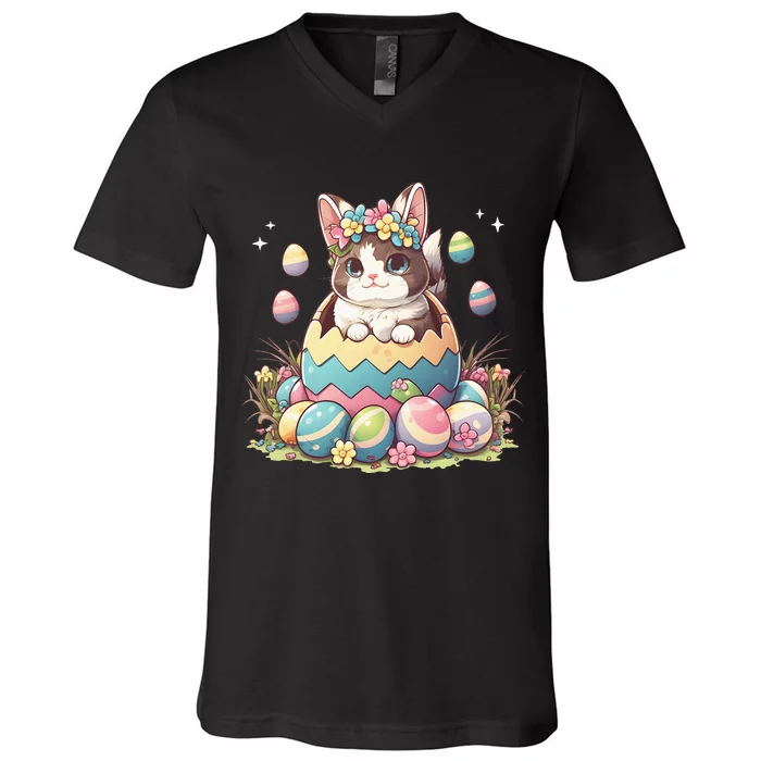 Happy Easter Day Cute Bunny Cat Eggs Basket Kawaii V-Neck T-Shirt