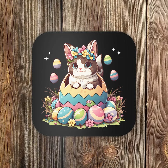 Happy Easter Day Cute Bunny Cat Eggs Basket Kawaii Coaster