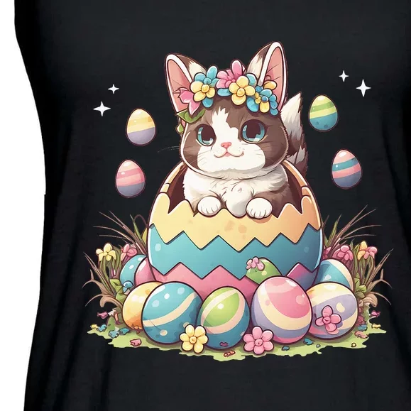 Happy Easter Day Cute Bunny Cat Eggs Basket Kawaii Ladies Essential Flowy Tank