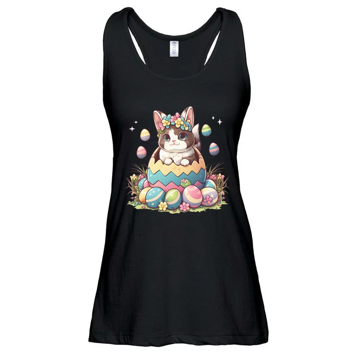 Happy Easter Day Cute Bunny Cat Eggs Basket Kawaii Ladies Essential Flowy Tank