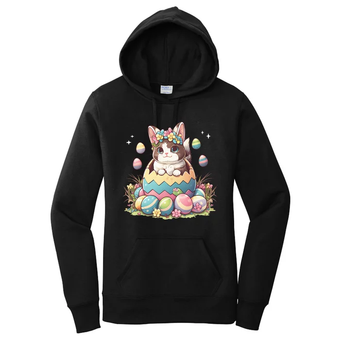 Happy Easter Day Cute Bunny Cat Eggs Basket Kawaii Women's Pullover Hoodie