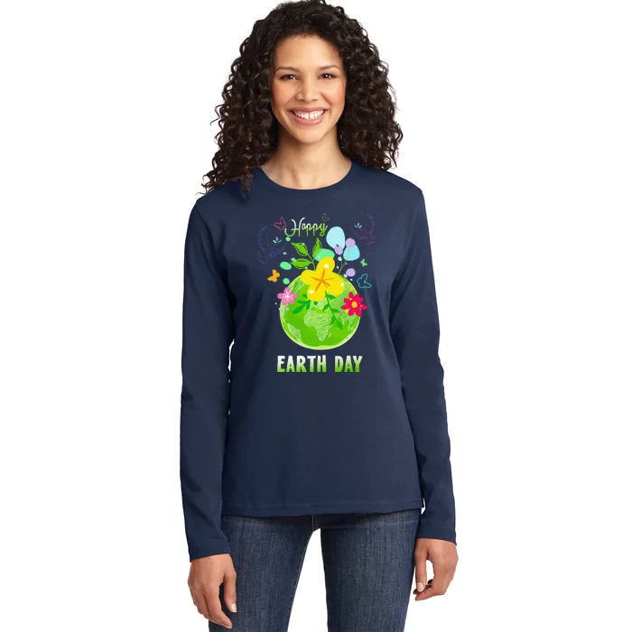 Happy Earth Day Flowers Planet Environment Ladies Long Sleeve Shirt