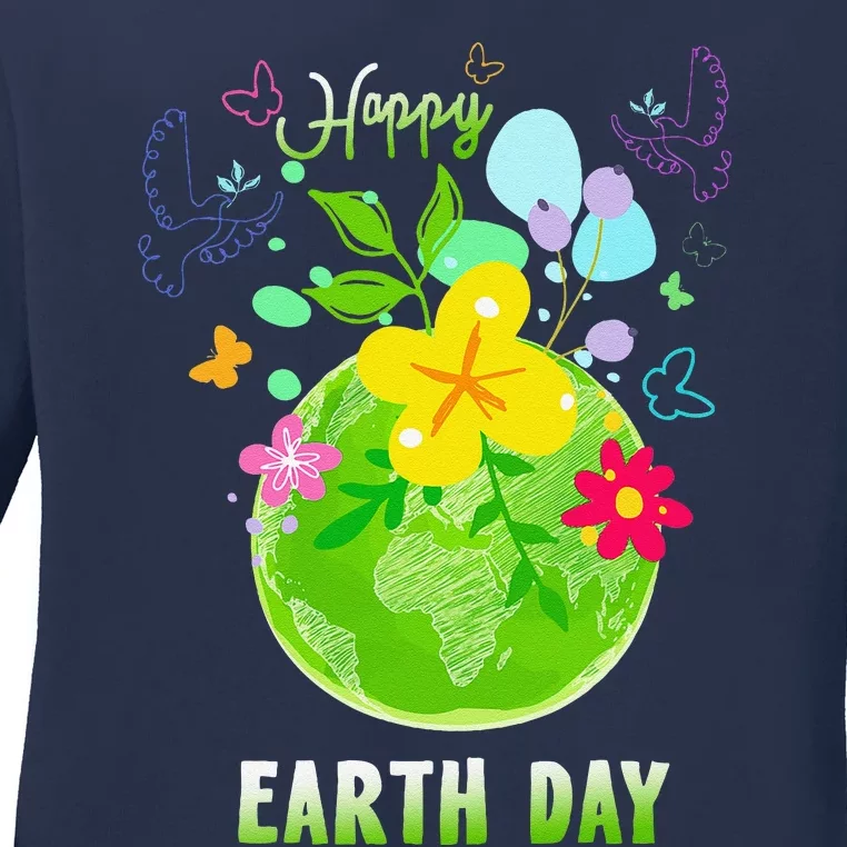 Happy Earth Day Flowers Planet Environment Ladies Long Sleeve Shirt