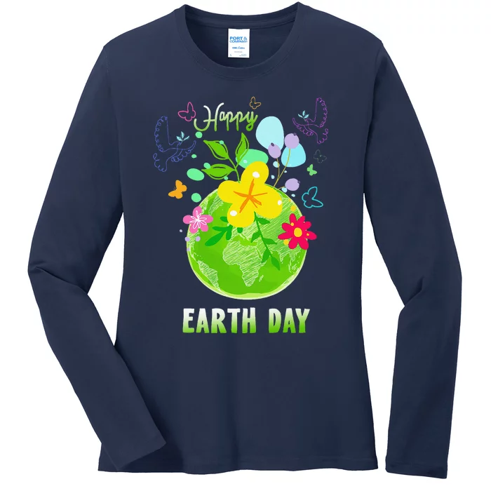 Happy Earth Day Flowers Planet Environment Ladies Long Sleeve Shirt