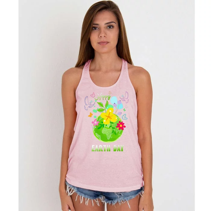 Happy Earth Day Flowers Planet Environment Women's Knotted Racerback Tank