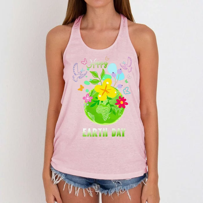 Happy Earth Day Flowers Planet Environment Women's Knotted Racerback Tank