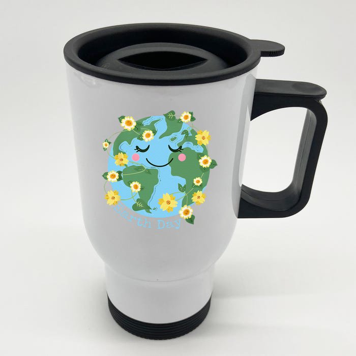 Happy Earth Day Cute Earth With Floral Earth Day 2024 Front & Back Stainless Steel Travel Mug