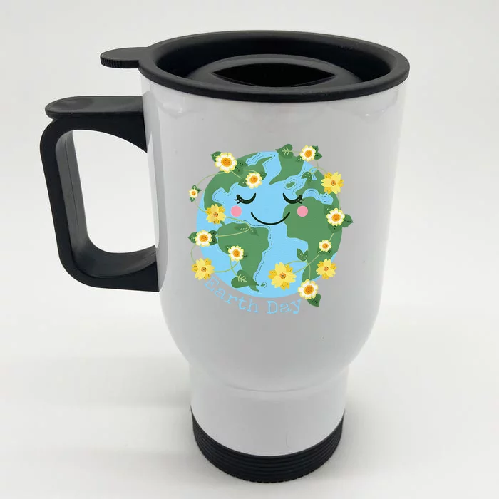 Happy Earth Day Cute Earth With Floral Earth Day 2024 Front & Back Stainless Steel Travel Mug