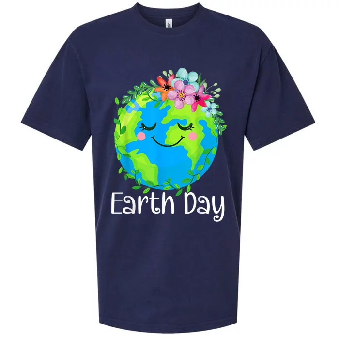 Happy Earth Day Cute Earth With Floral Earth Day 2024 Sueded Cloud Jersey T-Shirt